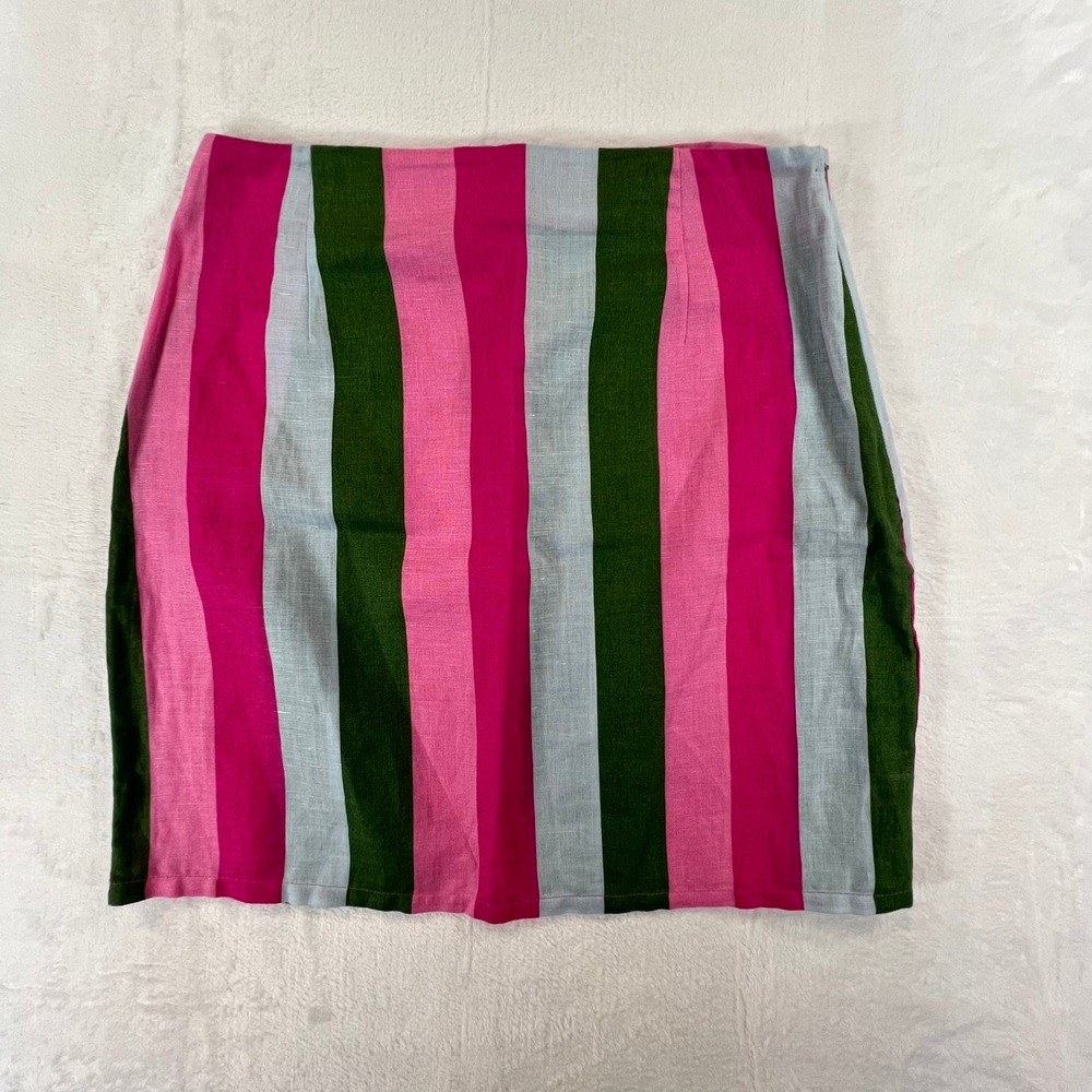 Zara Striped Mini Skirt Womens‎ Small Pink Green Blue Linen Blend High Rise Zip